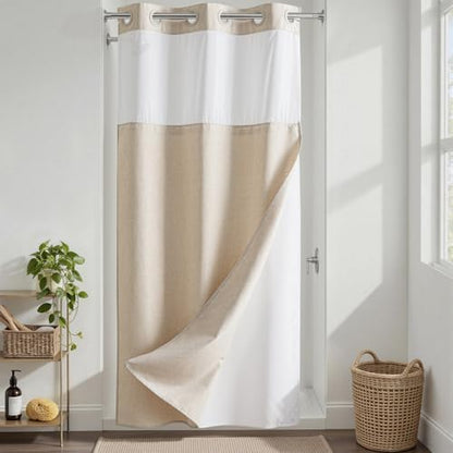River Dream Linen Textured No Hooks Shower Curtain with Liner,Linen,36x74