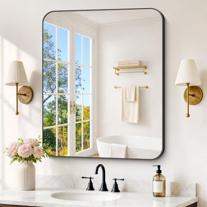 FORBATH Bathroom Mirror 30" x 36", Rectangle Black Bathroom Mirror with Black Aluminum Frame Rounded Corner, Wall Mounted Mirror for Bedroom Entryway Living Room