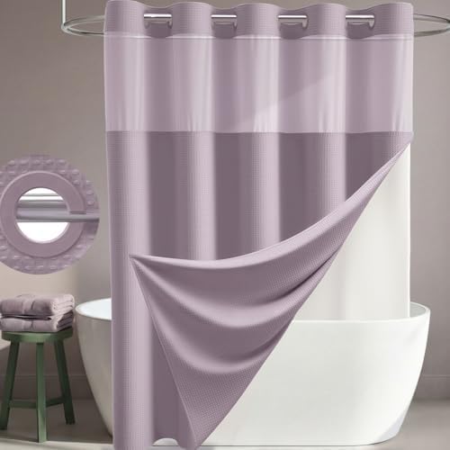 Dynamene Lavender Hook Free Waffle Shower Curtain & Snap Fabric Liner,72x81