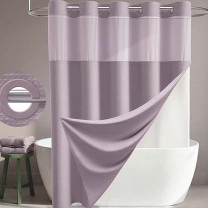 Dynamene Lavender Hook Free Waffle Shower Curtain & Snap Fabric Liner,72x75