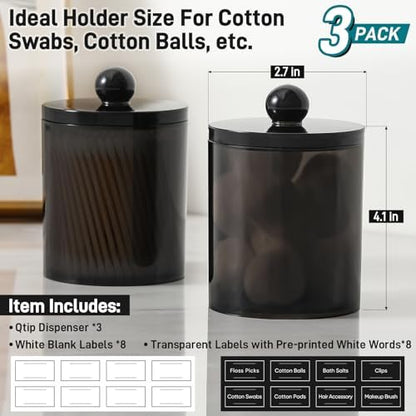 3 Pack Acrylic Qtip Holder Dispenser for Cotton Swabs, Balls, Floss Picks