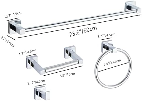 Chrome Bathroom Hardware Set 4 Pieces,Bathroom Accessories Set Stainless Steel Wall Mounted, Hand Towel Bar, Towel Ring, Robe Towel Hooks,Toilet Paper Holder,Towel Bar Set, 23.6 Inch