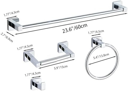 Chrome Bathroom Hardware Set 4 Pieces,Bathroom Accessories Set Stainless Steel Wall Mounted, Hand Towel Bar, Towel Ring, Robe Towel Hooks,Toilet Paper Holder,Towel Bar Set, 23.6 Inch