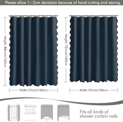 MIULEE Navy Blue Scalloped Linen Shower Curtain 72x72 Inches