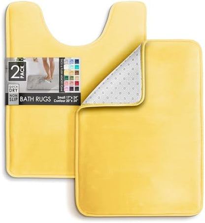 Clara Clark 2 Piece Bathroom Rugs, Velvet Memory Foam Bath Mat Set, Non-Slip Bath Rugs, Machine Wash, Dries Quickly, Ultra Soft Plush Bath Mats for Bathroom, 17 x 24 + Contour, Mellow Yellow
