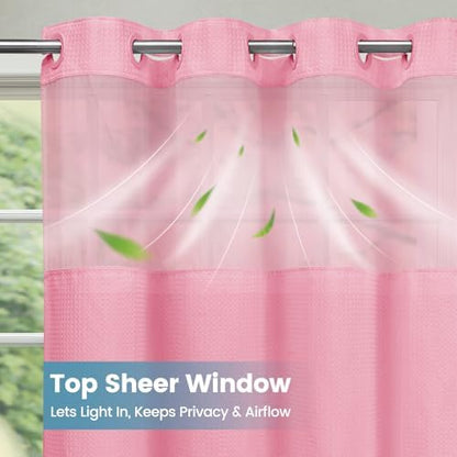 SORTTO No Hook Waffle Shower Curtain with Snap in Liner Set, 71x74, Pink