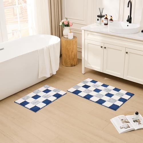 CozeCube Navy Blue Checkered Bath Mat 24"x16" Non Slip Washable Rug