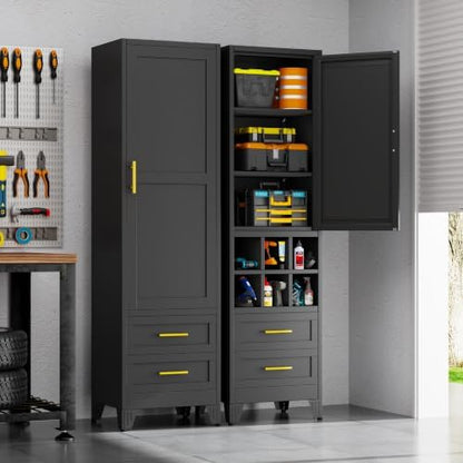 Tall Metal Narrow Storage Cabinet 67" H with 2 Drawer,Black Kitchen Pantry Cabinets with 2 Adjustable Shelves and Door,Cuby Storage Orgainzer,Tall Bathroom Cabinet for Kitchen, Home Office,Dining Room