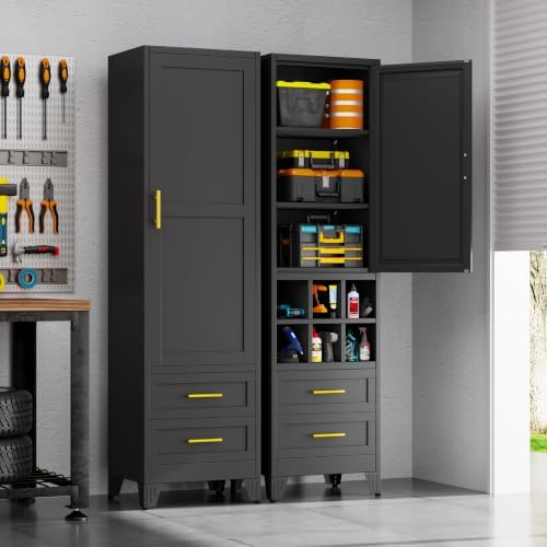 Tall Metal Narrow Storage Cabinet 67" H with 2 Drawer, Black Pantry Cabinets with 3 Adjustable Shelves and Door,Tall Bathroom Cabinet for Kitchen, Home Office, Living Room, Dining Room