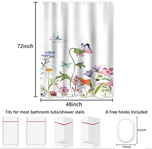 AWERT Butterfly Wildflowers Small Half Size Stall Shower Curtain with Hooks Shower Stall Curtain for Bathroom/RV and Camper 48 x 72