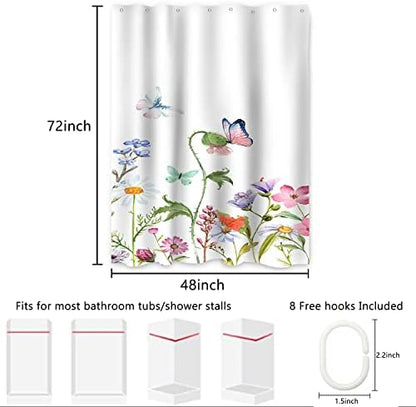 AWERT Butterfly Wildflowers Small Half Size Stall Shower Curtain with Hooks Shower Stall Curtain for Bathroom/RV and Camper 48 x 72