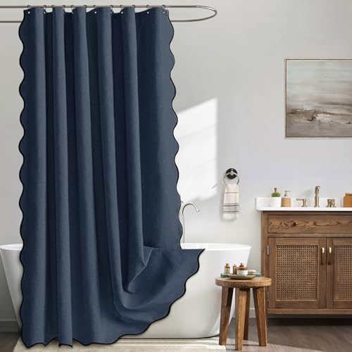 MIULEE Navy Scalloped Linen Shower Curtain 72x72 Inches