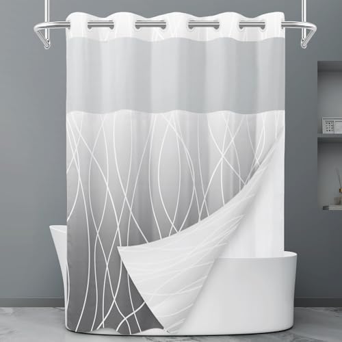 LXBNI Ombre Grey No Hook Shower Curtain with Liner, 71 x 74 Inch