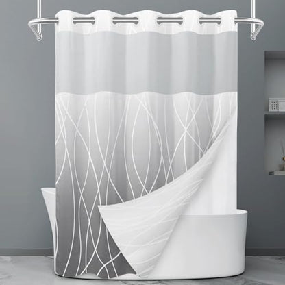 LXBNI Ombre Grey No Hook Shower Curtain with Liner, 71 x 74 Inch
