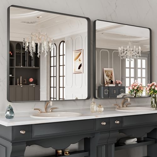 LOAAO 40X38 Inch Black Metal Framed Bathroom Mirror for Wall