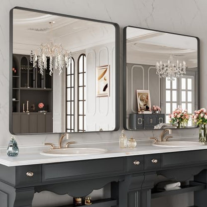 LOAAO 40X38 Inch Black Metal Framed Bathroom Mirror for Wall