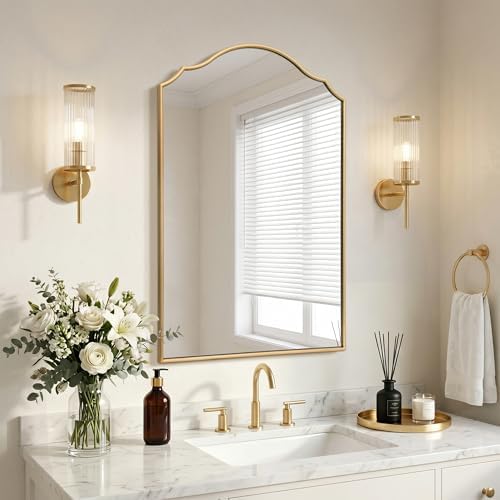 Besdomus Bathroom Mirrors for Over Sink: 24"x36" Gold Wooden Arched Mirror