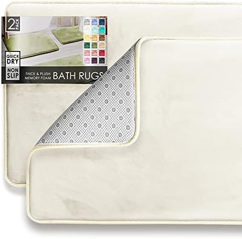 Clara Clark 2 Piece Bathroom Rugs Bath Mat Set, Velvet Memory Foam Bath Mats for Bathroom - Non-Slip, PVC Backing Bath Rugs, Washable - Dries Quickly, White