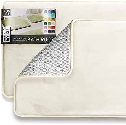 Clara Clark 2 Piece Bathroom Rugs Bath Mat Set, Velvet Memory Foam Bath Mats for Bathroom - Non-Slip, PVC Backing Bath Rugs, Washable - Dries Quickly, White
