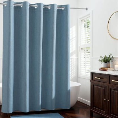 River Dream Linen Textured No Hooks Shower Curtain with Liner,Blue,71x74