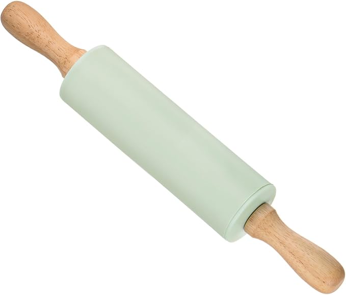 Silicone Rolling Pins, 12.2" Length, Silicone & Oak Non-Stick Ergonomic Wooden Handle Fondant Dough Roller Light Green - (Applications: for Baking DIY Projects)