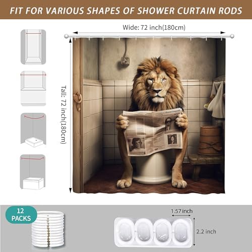 Farmhouse Funny Lion Shower Curtain for Bathroom 72W*72H Inch Brown Humor Animal Reading on Toilet Bathtub Decor Boho Western Country Animal Waterproof Polyester Fabric Set with 12 Hooks