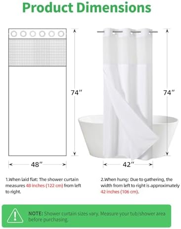 eachope No Hook Linen Texture Shower Curtain with Snap-in Liner,48x74 White