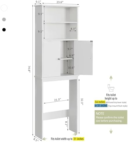 Over the Toilet Storage Cabinet for Bathroom, Extra Tall Over Toilet Storage, Space Saver W/Adjustable Shelf & Open Storage Shelf, 75in, White