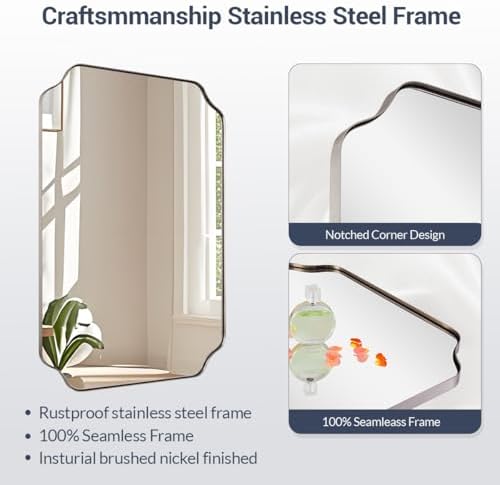MIRRORART 24x32'' Brushed Nickel Mirror, Contemporary Scalloped Bathroom Mirrors for Wall, Rounded Notched Coner Silver Mirror in 1'' Antirust Stainless Steel Metal Frame Wall Mounted for Home Decor