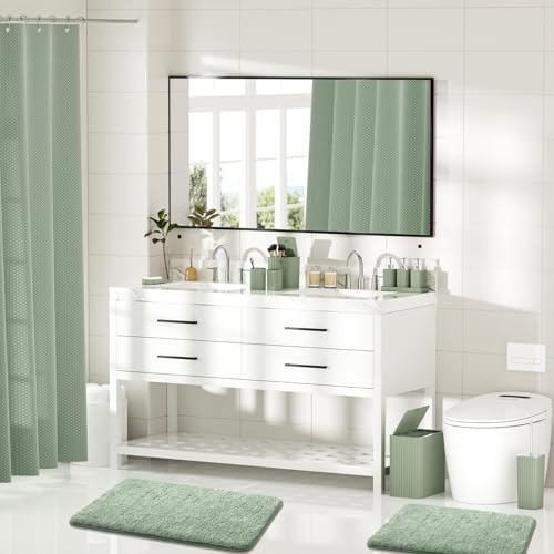Bathroom Accessory Set - Bathroom Sets with Shower Curtain and Rugs, Sage Green Bathroom Set, 27PC Bathroom Accessories Set, Mini Trash Can, Toilet Brush, Trash Can & Soap Dispenser
