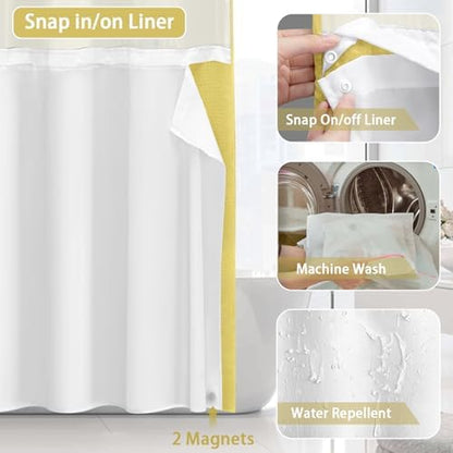 No Hook Shower Curtain with Liner Set Hotel Waffle Curtain Yellow 72W X 75L