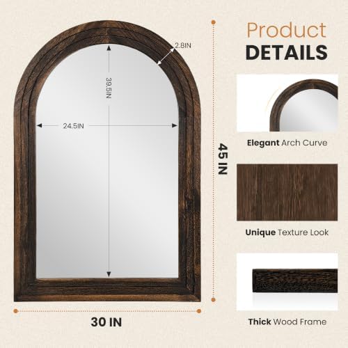 Arched Bathroom Mirror, 45"x30" Brown Wood Frame Wall Mirror