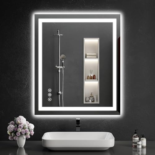 LED Bathroom Mirrors 30"x34" Bathroom Mirror with Lights for Wall, Backlit + Front Lit, 3 Colors, Anti-Fog, Dimmable Brightness for Vanity,Bathroom, Entryway, Living Room