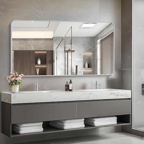55x30 Inch Silver Bathroom Mirror, Large Rectangular Vanity Mirror, Metal Framed Rectangle Mirrors, Rounded Corner Wall Mounted Mirrors for Living Room Bedroom Entryway Horizontal or Vertical