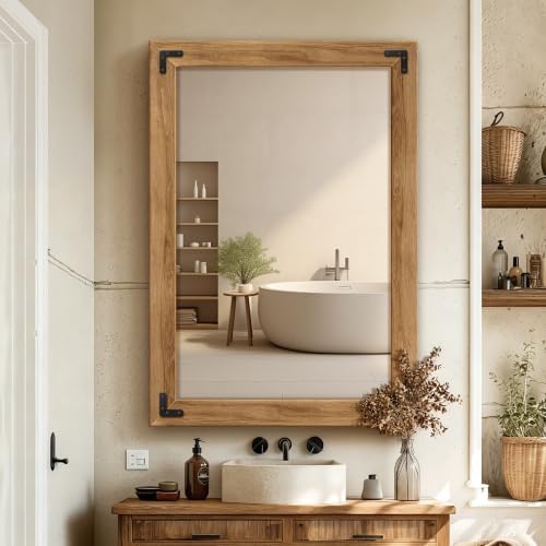 Wood Framed Bathroom Vanity Mirror for Wall, 26"x38" Farmhouse Mirror