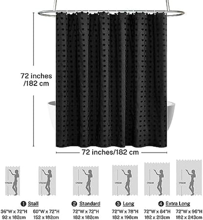 Siiluminisoy Black Boho Shower Curtain Woven Fabric Cute Shower Curtain, 72 x 72 Tufted Pleat Floral Textured Modern Farmhouse Minimalist Shower Curtain Set with Hooks for Bathroom