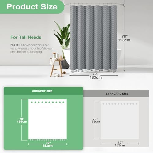 Dynamene Long Boho Farmhouse Shower Curtain Tufted Chevron 72"x78" Grey