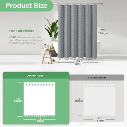 Dynamene Long Boho Farmhouse Shower Curtain Tufted Chevron 72"x78" Grey