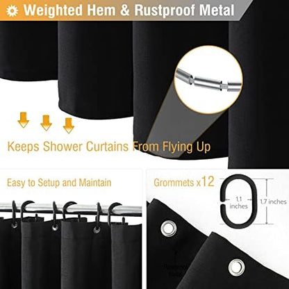 BTTN 72x78 Linen Textured Waterproof Thick Fabric Shower Curtain Set, Black