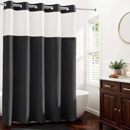 River Dream Linen Textured No Hooks Shower Curtain with Liner,Black,71x74