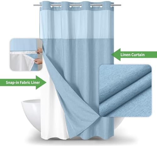 eachope No Hook Fabric Shower Curtain with Snap-in Liner,54x80 Fog Blue