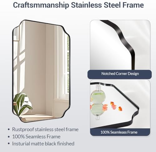 MIRRORART Black Bathroom Mirrors for Over Sink, 24x36 Scalloped Mirror for Bathroom, Notched Corner Rectangle Mirror in 1’’ Stainless Steel Metal Frame Home Remodel Wall Mount Vertical/Horizontal
