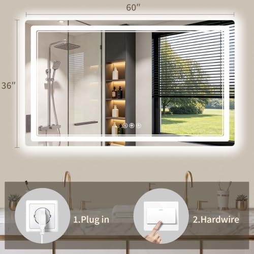 36"x60" LED Bathroom Mirror with Lights, Backlit + Front Lit, Anti-Fog, Lighted Bathroom Mirror for Wall, HD Shatterproof Tempered Glass, Dimmable, Memory Function (Horizontal/Vertical)