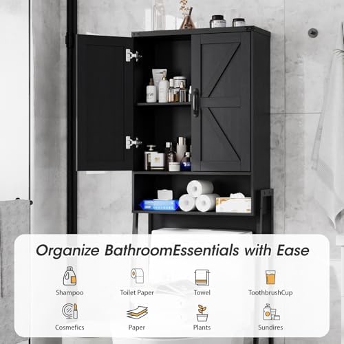 Vabches Over The Toilet Storage Cabinet with 2-Door Design Bathroom Organizers and Storage with Anti-Tip Device Over Toilet Organizer with Shelves for Bathroom,Restroom,Laundry Black
