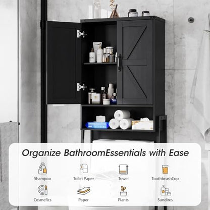 Vabches Over The Toilet Storage Cabinet with 2-Door Design Bathroom Organizers and Storage with Anti-Tip Device Over Toilet Organizer with Shelves for Bathroom,Restroom,Laundry Black