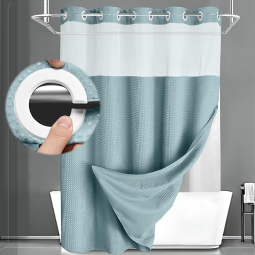 No Hook Shower Curtain with Liner Set Hotel Waffle Curtain Cyan 72W X 75L