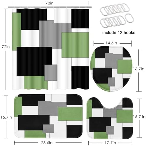 Bathroom Sets with Shower Curtain and Rugs, 4 Pcs, Geometric Sage