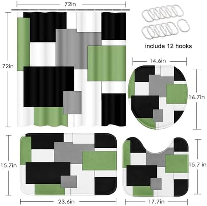 Bathroom Sets with Shower Curtain and Rugs, 4 Pcs, Geometric Sage