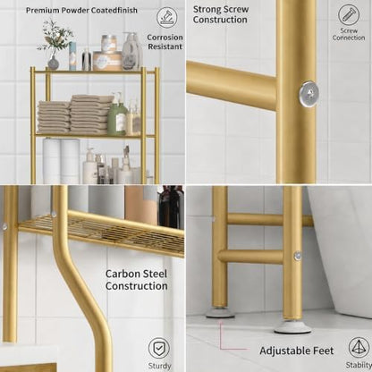 GloTika 3-Tier Over Toilet Storage, Anti-Tilt, 64" H, Gold