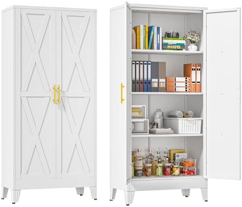 61" Metal Storage Cabinet with 2 Doors and 3 Adjustable Shelves,White Farmhouse Kitchen Pantry Cabinet,Steel Garage Tool Cabinet,File Cabinetfor Home,Office,Dinning Living Room,Warehouse